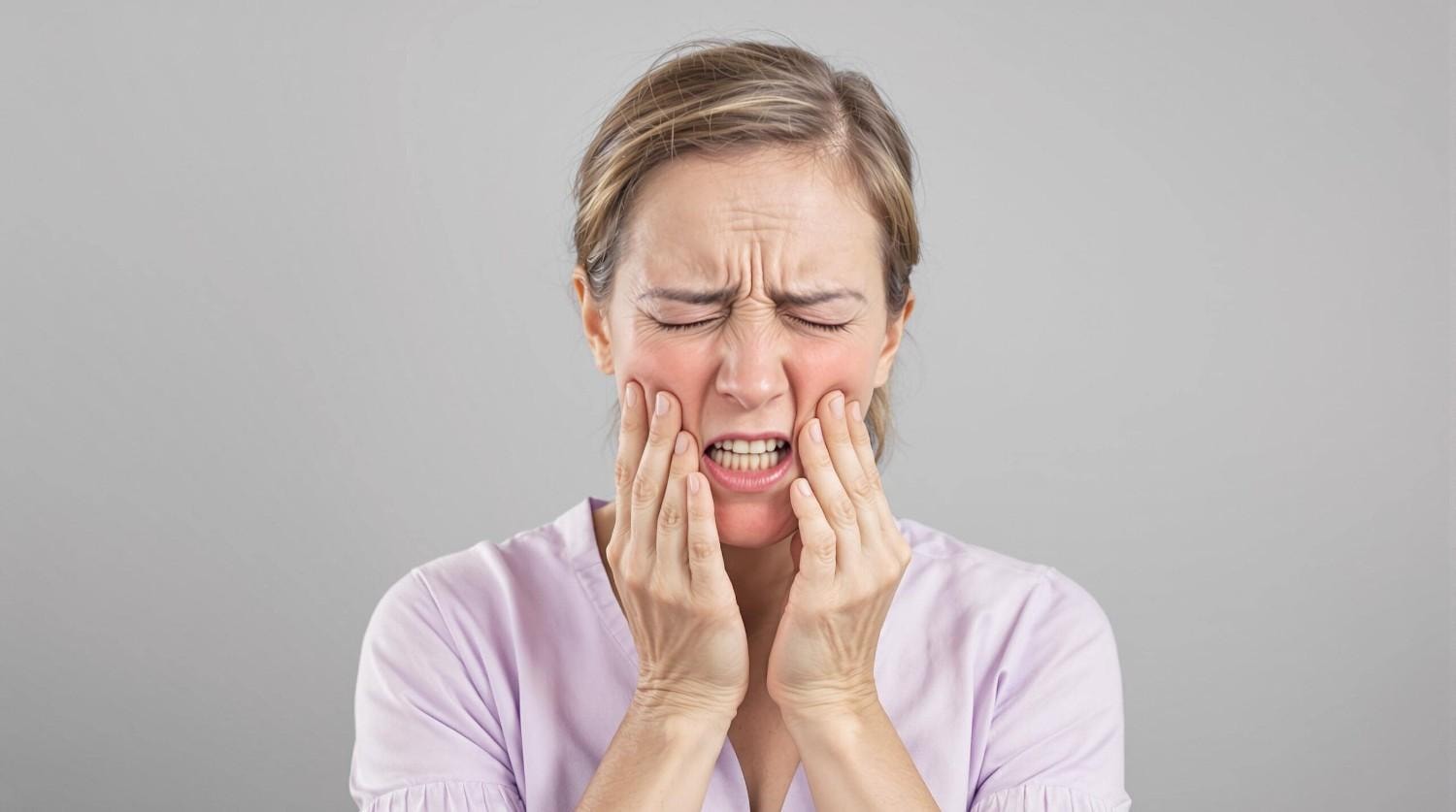 Woman holding both sides of her jaw in pain